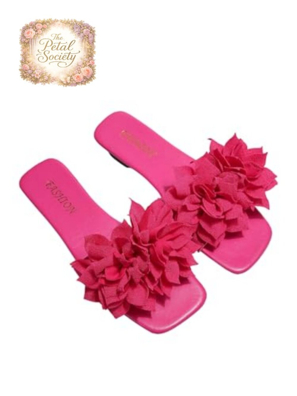 Women's 3D Floral Flat Slide Sandals Square Open Toe Single Band Slip On